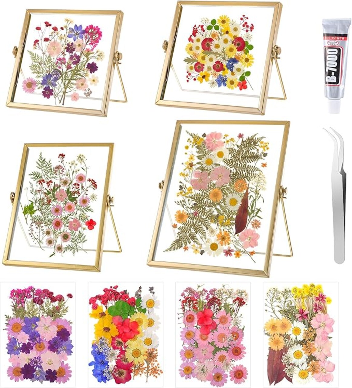 Flower Frame Pressed Kit, Include 4 Pcs Gold Metal Picture Frames and 140 Pcs Dried Pressed Flowers for Crafts DIY Floating Photo Frame for Tabletop Display, Home Decor, Gifts
